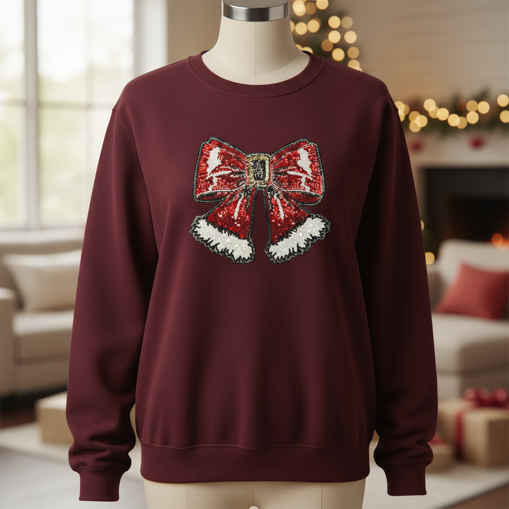 Christmas Bow Patch on Front of Red Sweatshirt
