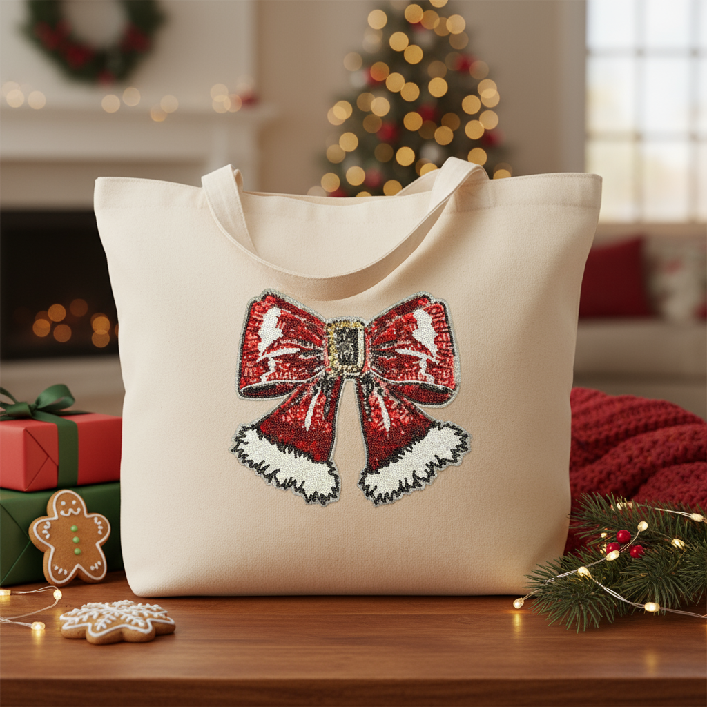 Christmas Bow Patch on Tote Bag