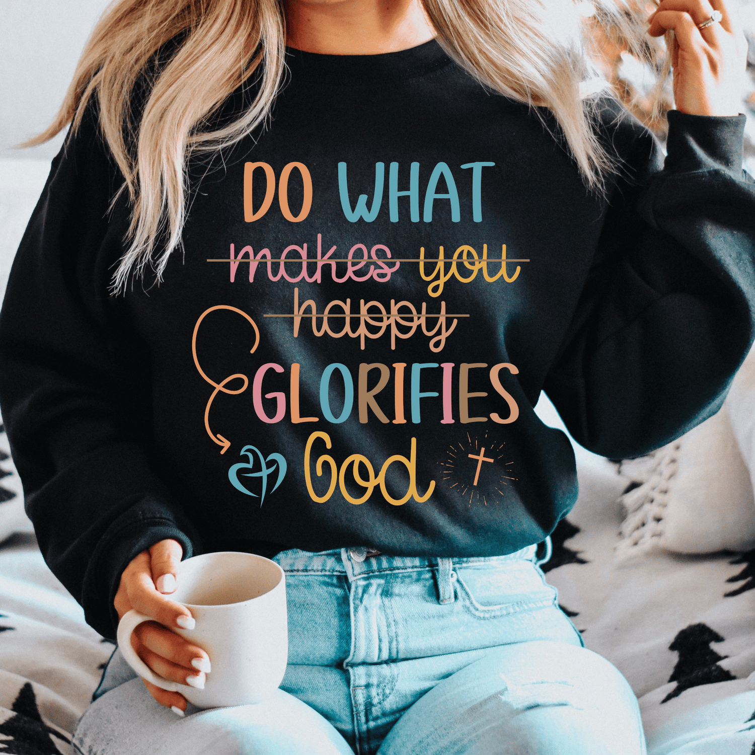 Glorifies God design printed on soft cotton tee and sweatshirt, featuring Christian faith tee