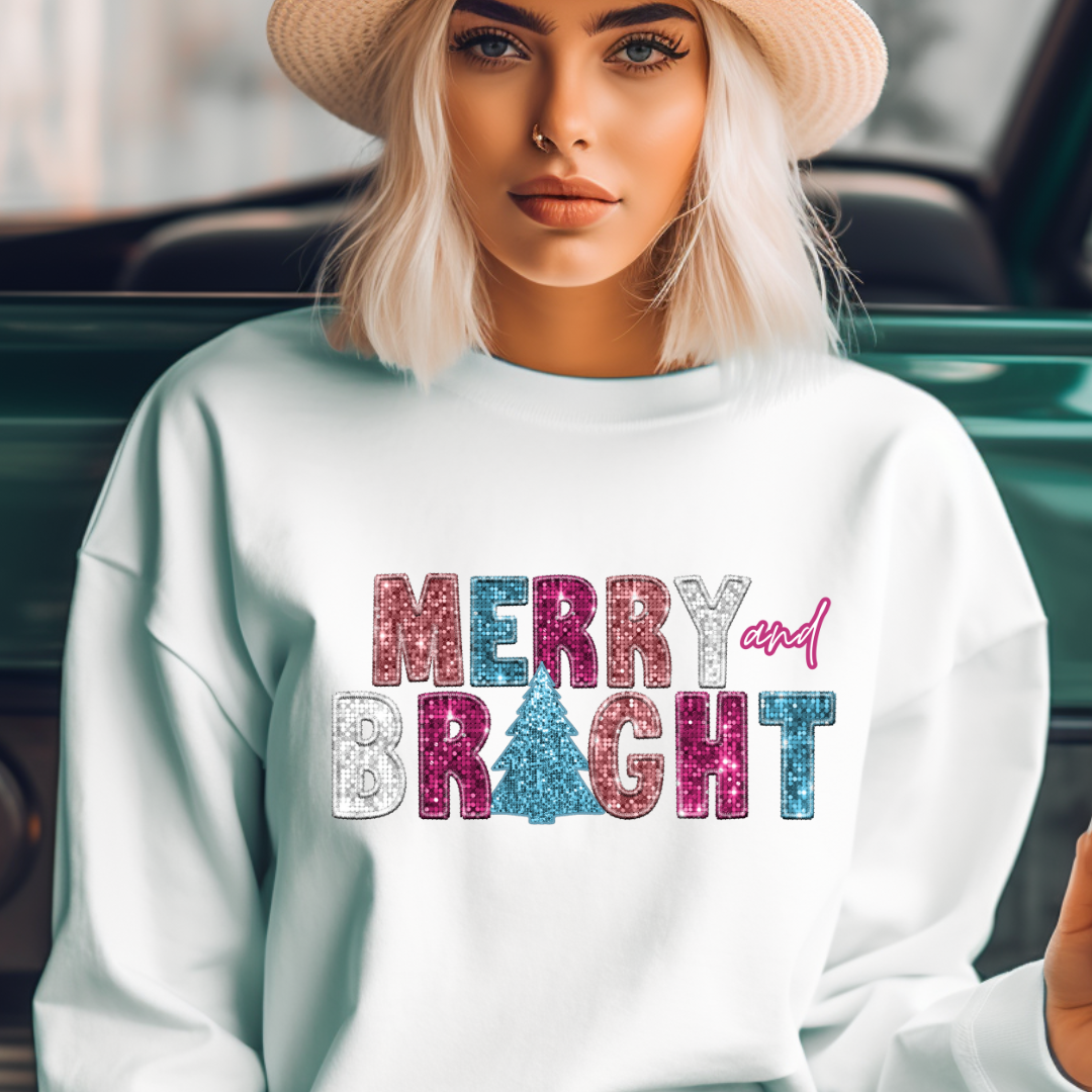 Merry Bright design printed on soft cotton tee and sweatshirt, featuring motivational graphic tee
