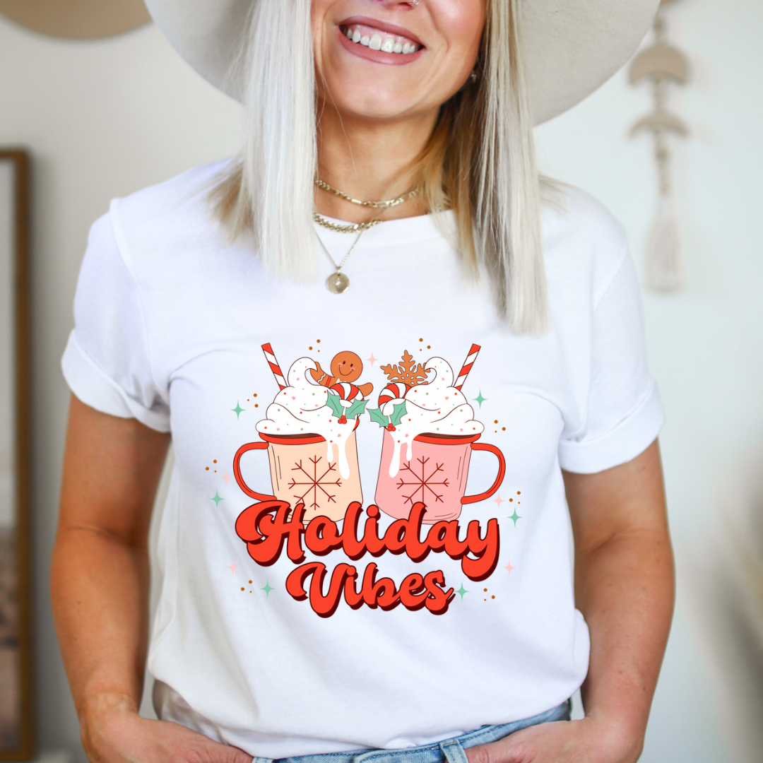 Holiday Vibes 3D Puff design printed on soft cotton tee and sweatshirt, featuring holiday themed t-shirt