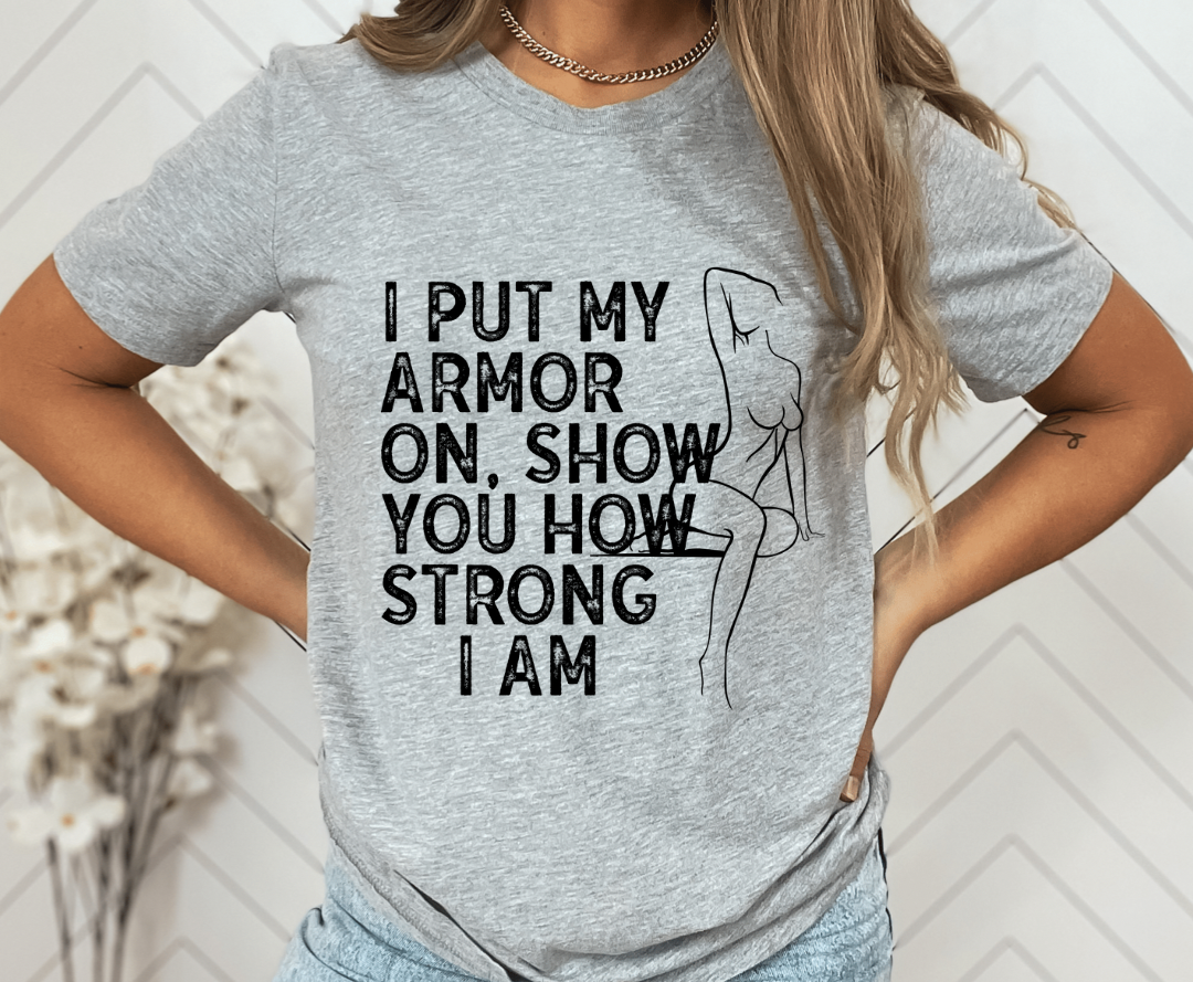 Armor design printed on soft cotton tee and sweatshirt, featuring motivational graphic tee