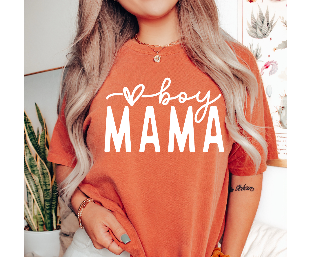 Boy Mama 1 design printed on soft cotton tee and sweatshirt, featuring funny mom life tee