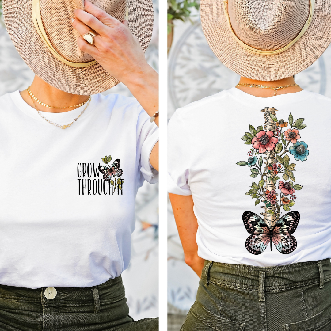 Grow Through design printed on soft cotton tee and sweatshirt, featuring motivational graphic tee