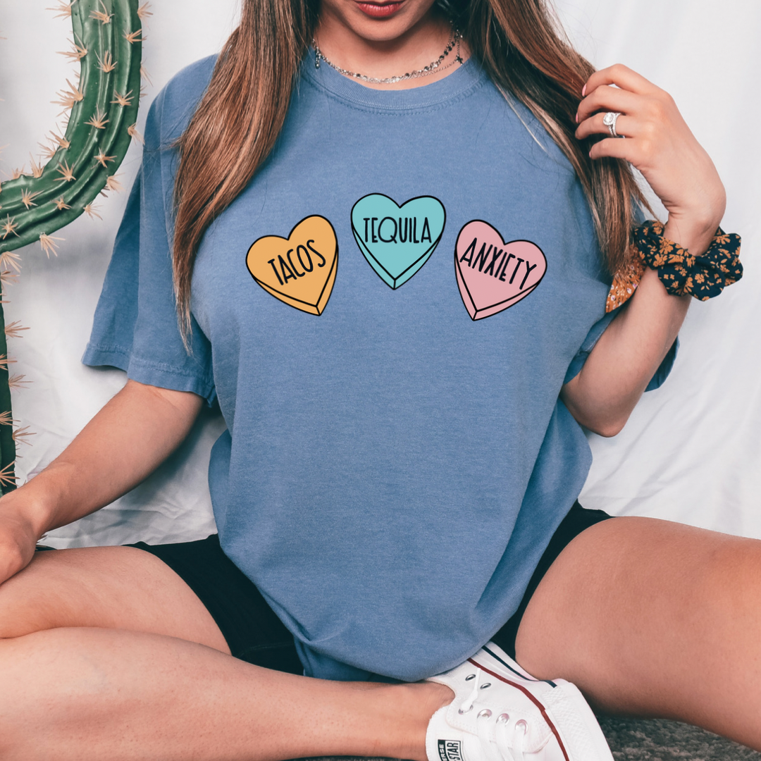 Tacos Tequila Anxiety 1 design printed on soft cotton tee and sweatshirt, featuring motivational graphic tee