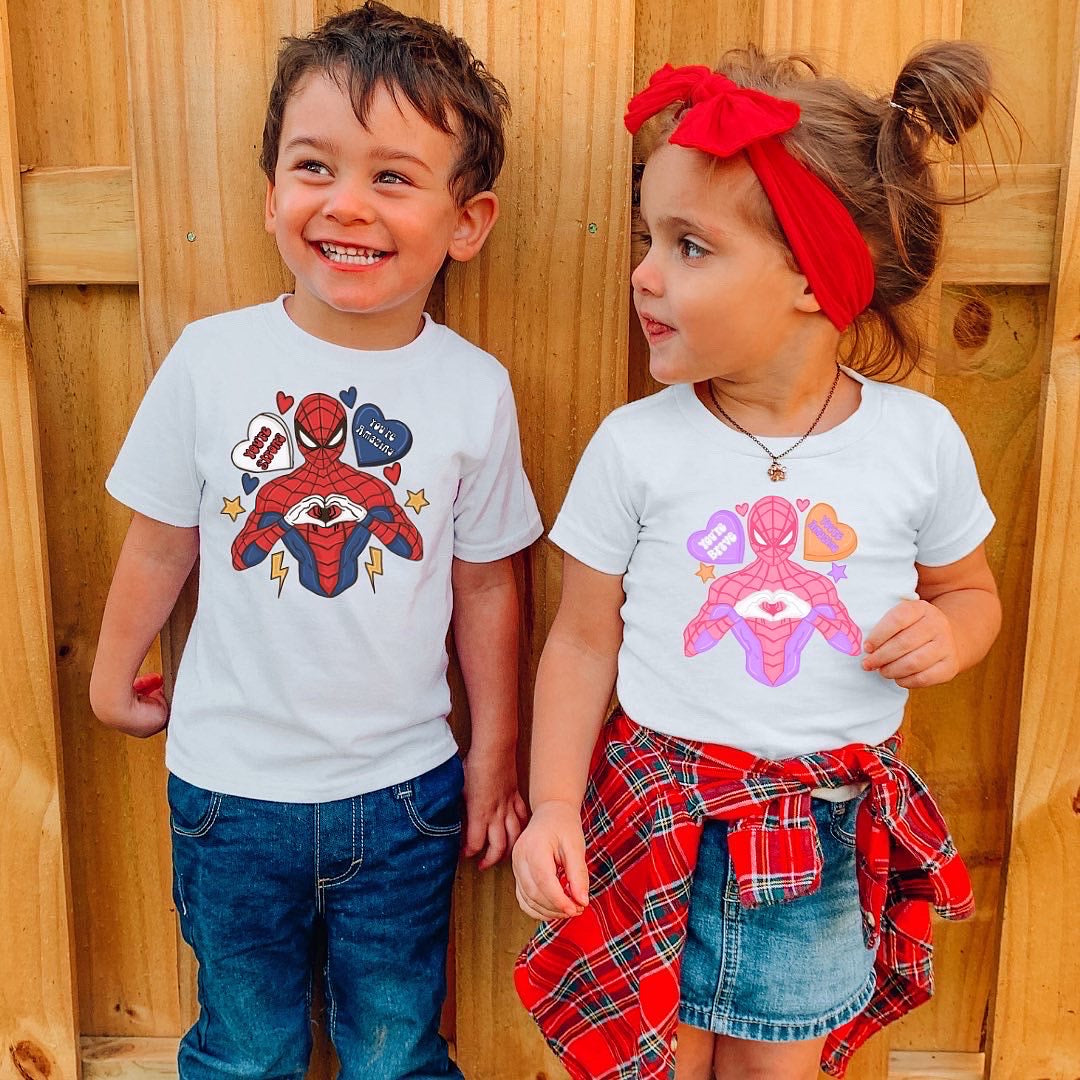 Spidey Valentine design printed on soft cotton tee and sweatshirt, featuring holiday themed t-shirt