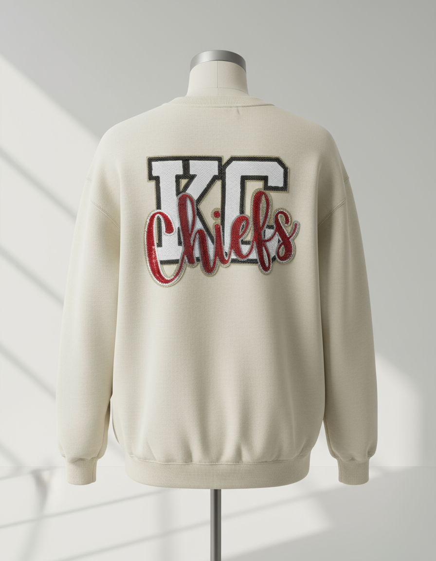 KC Chiefs Patch on White Sweatshirt - Proper Size