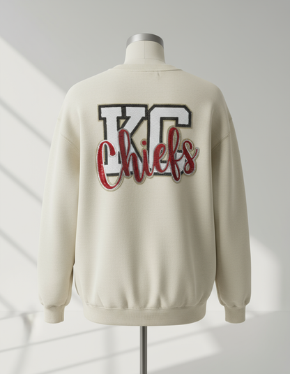 KC Chiefs Patch on White Sweatshirt - Proper Size