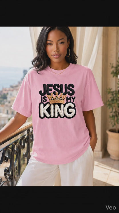 Jesus Is My King Faux Crochet Faith Graphic Tee with Crown Detail – Christian Inspirational Shirt – Modern Religious Apparel