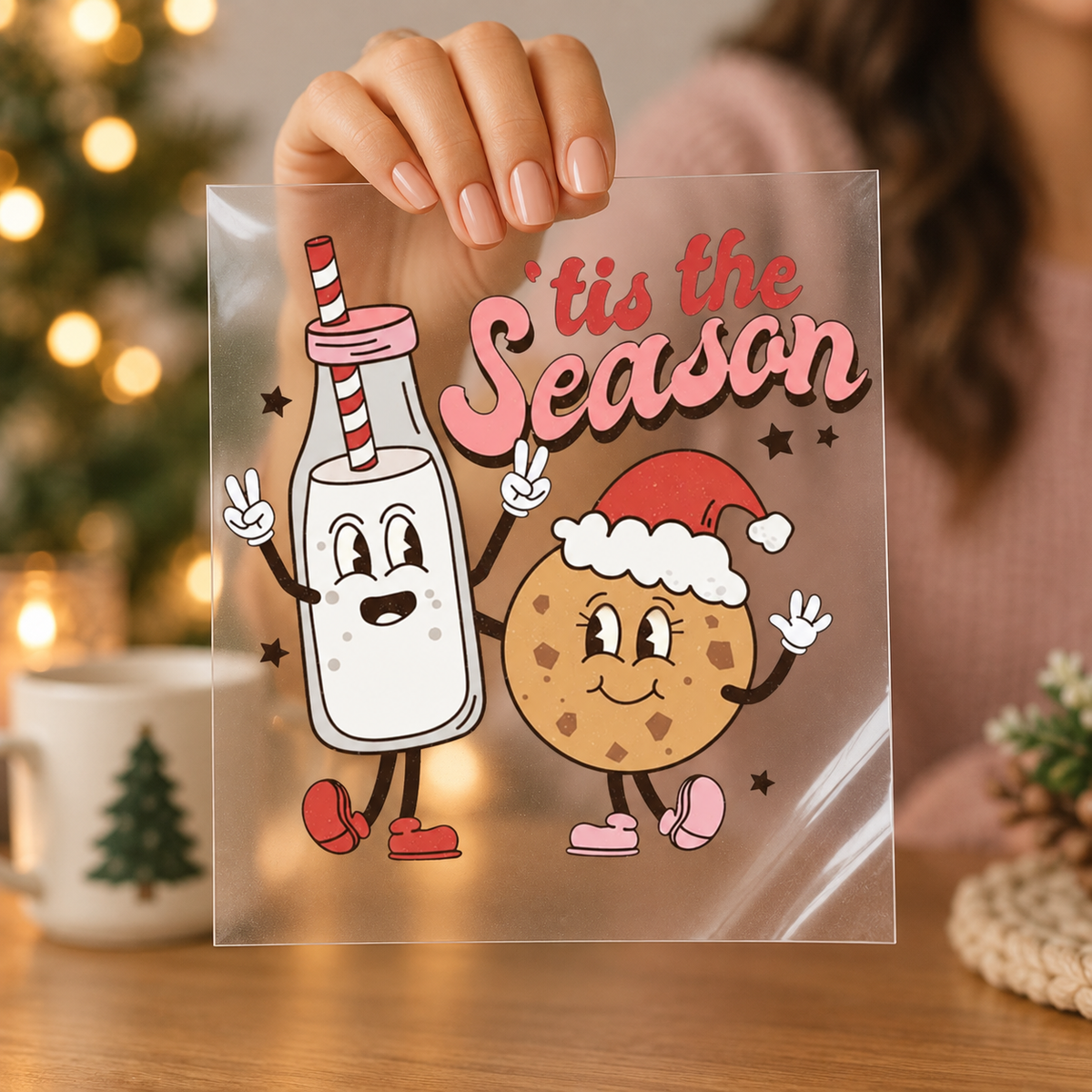 Tis The Season milk and cookie clear screen print transfer held in hand
